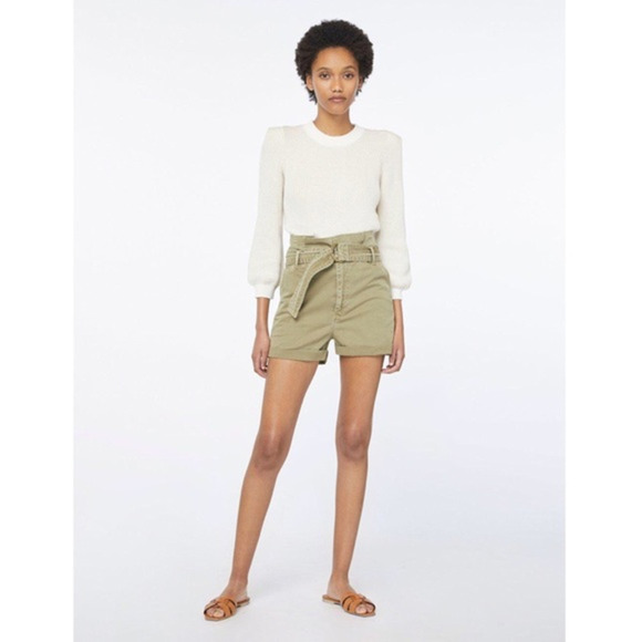 FRAME Safari Belted High Rise Paperbag Cuffed Hem Shorts Washed Od Green 26 - Picture 3 of 11